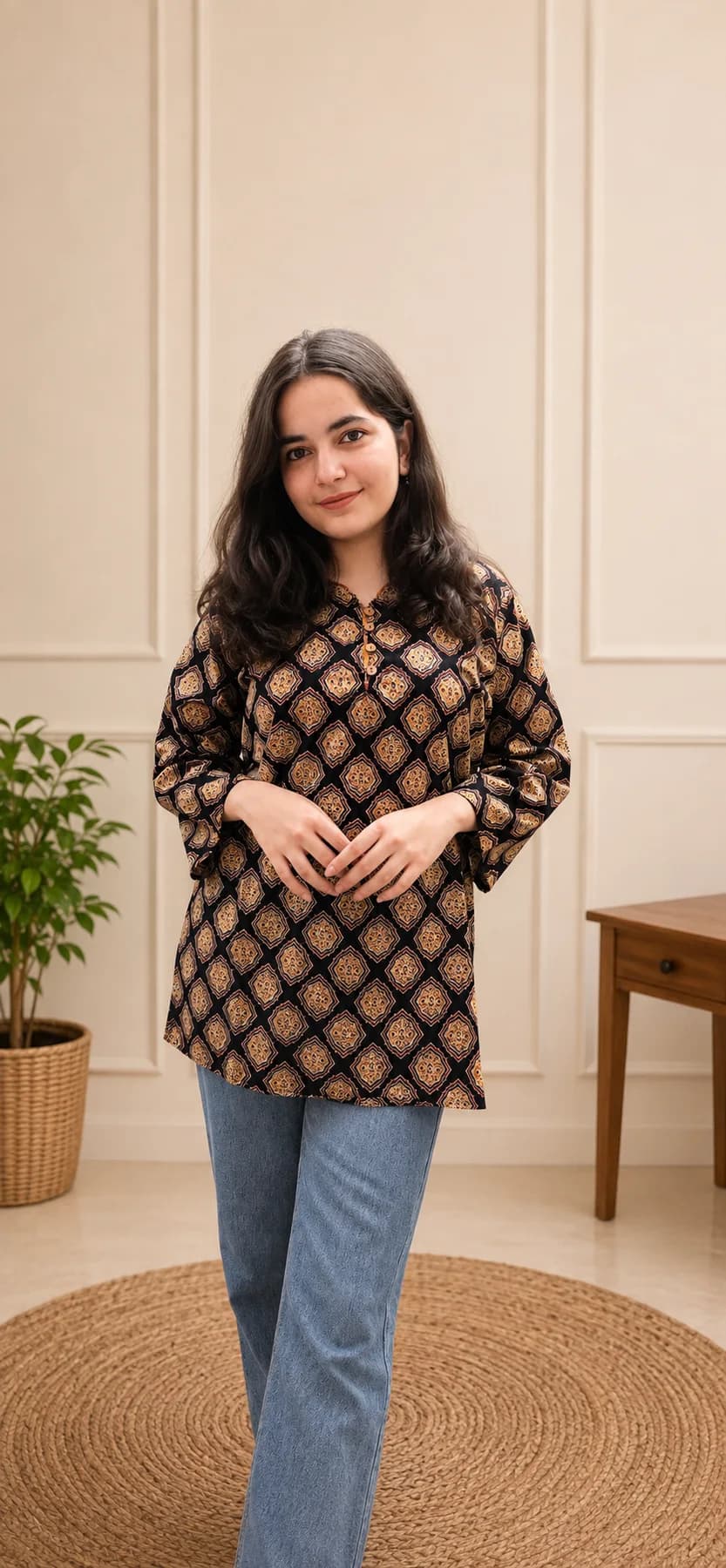 Black Ajrakh Print Pure Cotton Short Kurti – 3/4 Sleeve Mandarin Collar Tunic Top for Women